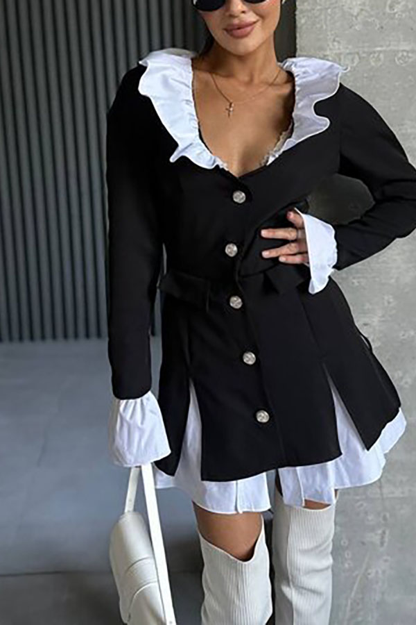 Altair Contrast Ruffled Shirt Patchwork Button Pleated Blazer Mini Dress