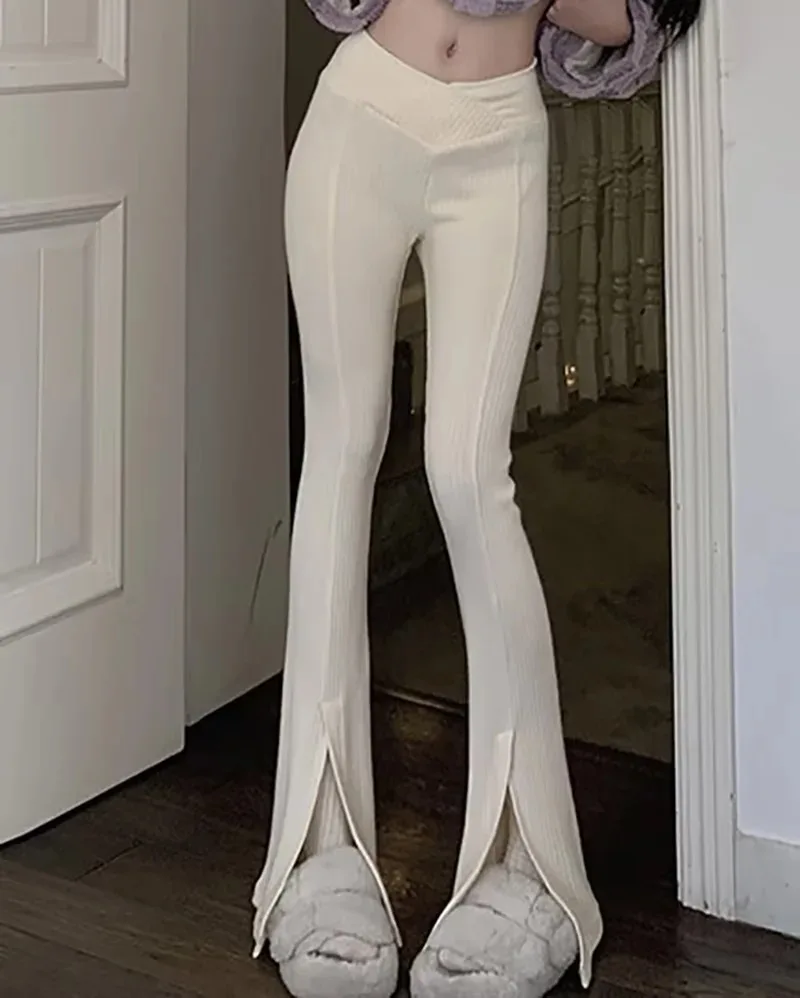Ootddress Knit Skinny Flared Trousers Split Out Trousers For Women Cross Low Waist White Casual Streetwear Flared Pants 2025 New