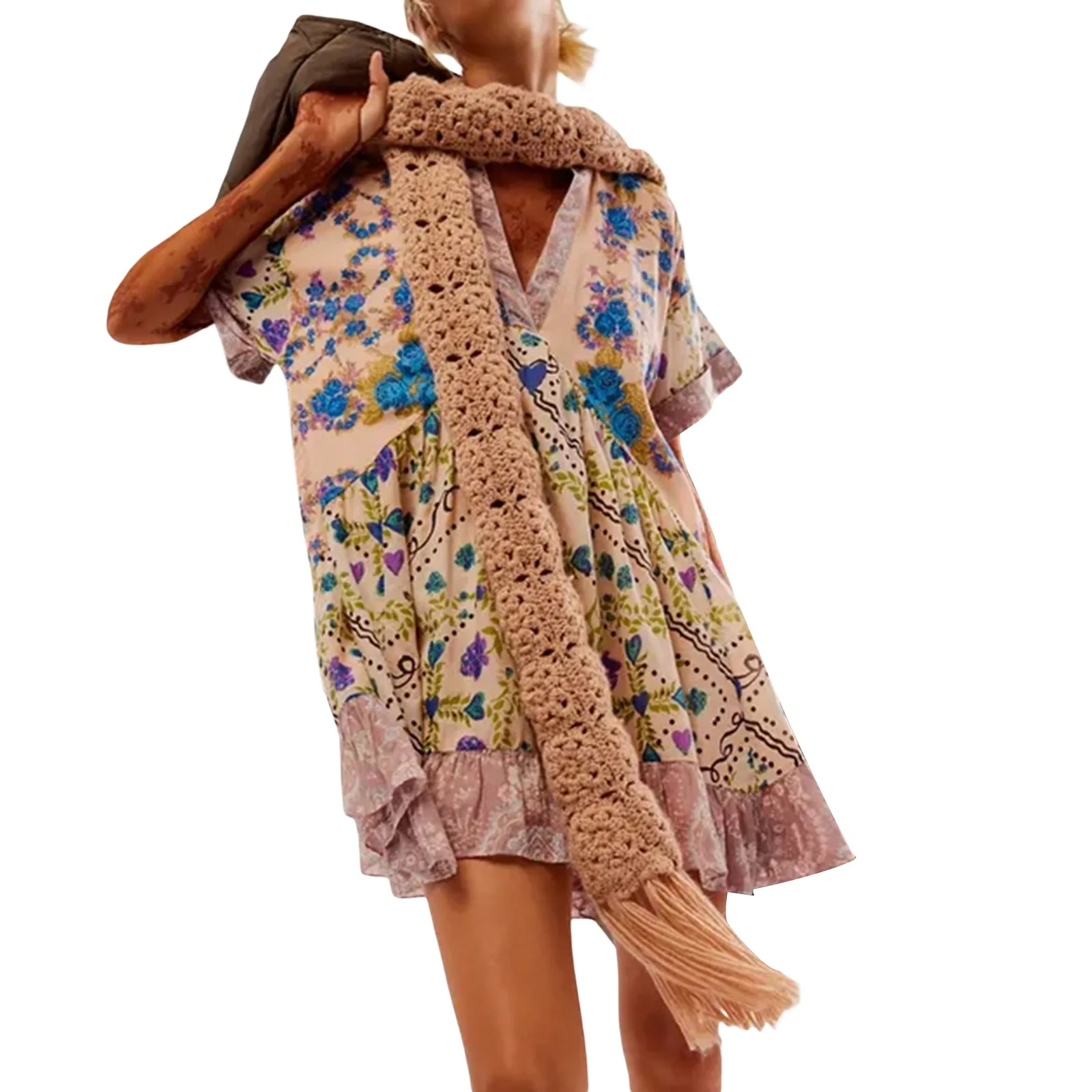 Color Vintage Print Mini Dresses Women Spring Summer New V-neck Short Sleeves Folds Loose Irregular Short Dress Fashion Vestidos 6 Color Vintage Print Mini Dresses Women Spring Summer New V-neck Short Sleeves Folds Loose Irregular Short Dress Fashion Vestidos