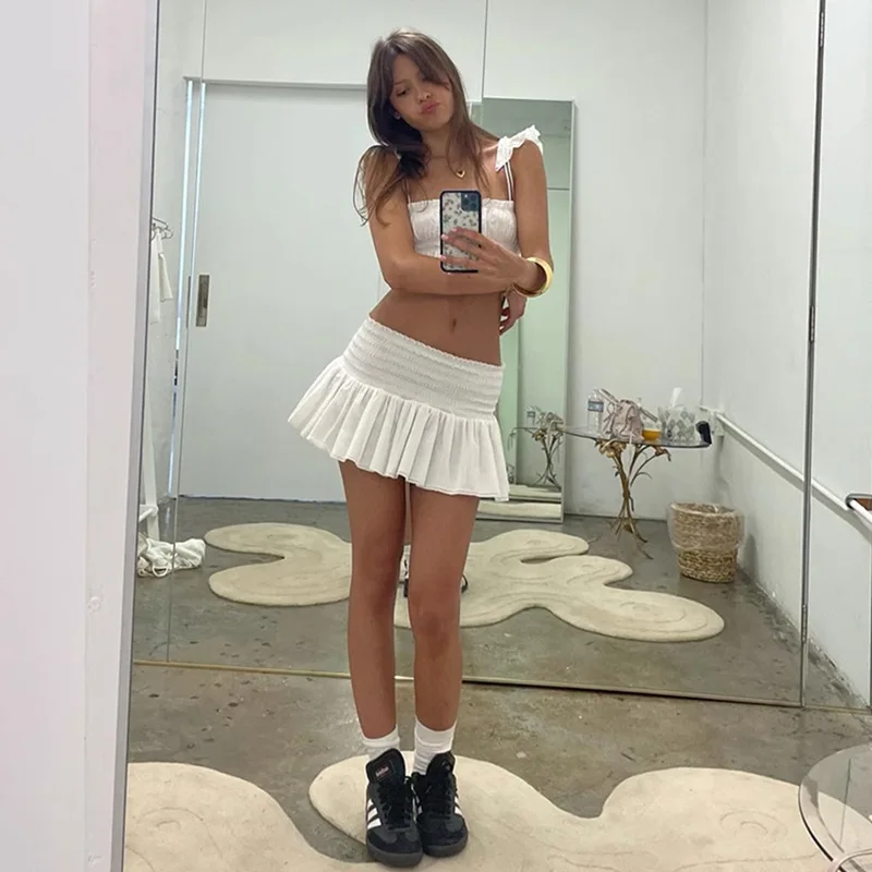 Ootddress Elastic Waist Skirt Sets Women Backless Sexy Sleeveless Crop Tops Hot Girls Folds Skirts 2 Piece Sets Womens Outfits 2025