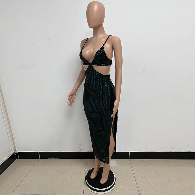 Sexy Hollow High Waist Slit Evening Dress Fashion Sequined Backless Sleeveless Elegant Party Dresses Solid Long Graduation Dress 150 undefined