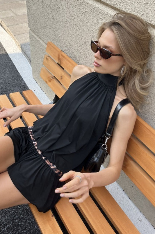 Halter High Neck Studded Waistband Bubble Hem Tulip Skirt Mini Dress