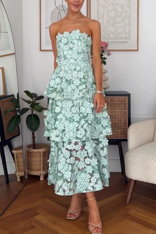 Cocktail Events 3D Embroidery Floral Detail Off Shoulder Tiered Hem Maxi Dress