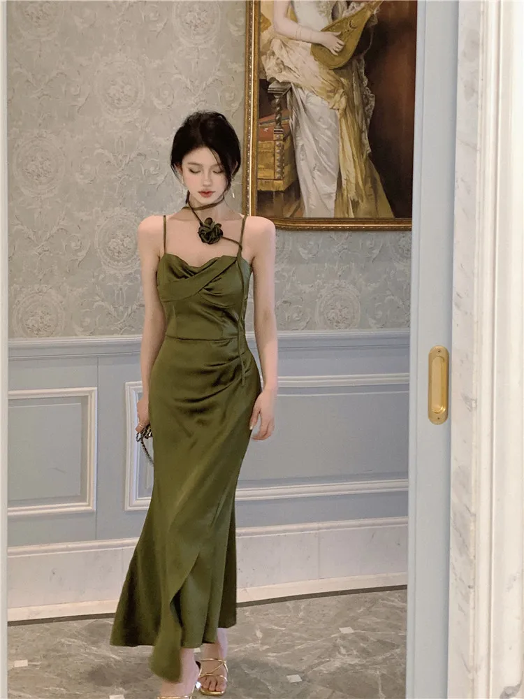 Elegant Solid Satin Midi Dress Women Spaghetti Strap Bodycon 3D Flower High Waist Slim Evening Party One Piece Lady Vestidos