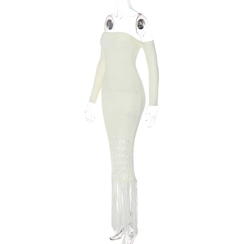 Ootddress Knitted Tassel Maxi Dresses For Women Hollow Out Sexy Bodycon Dress Women's Off The Shoulders Elegant Evening Dress Woman