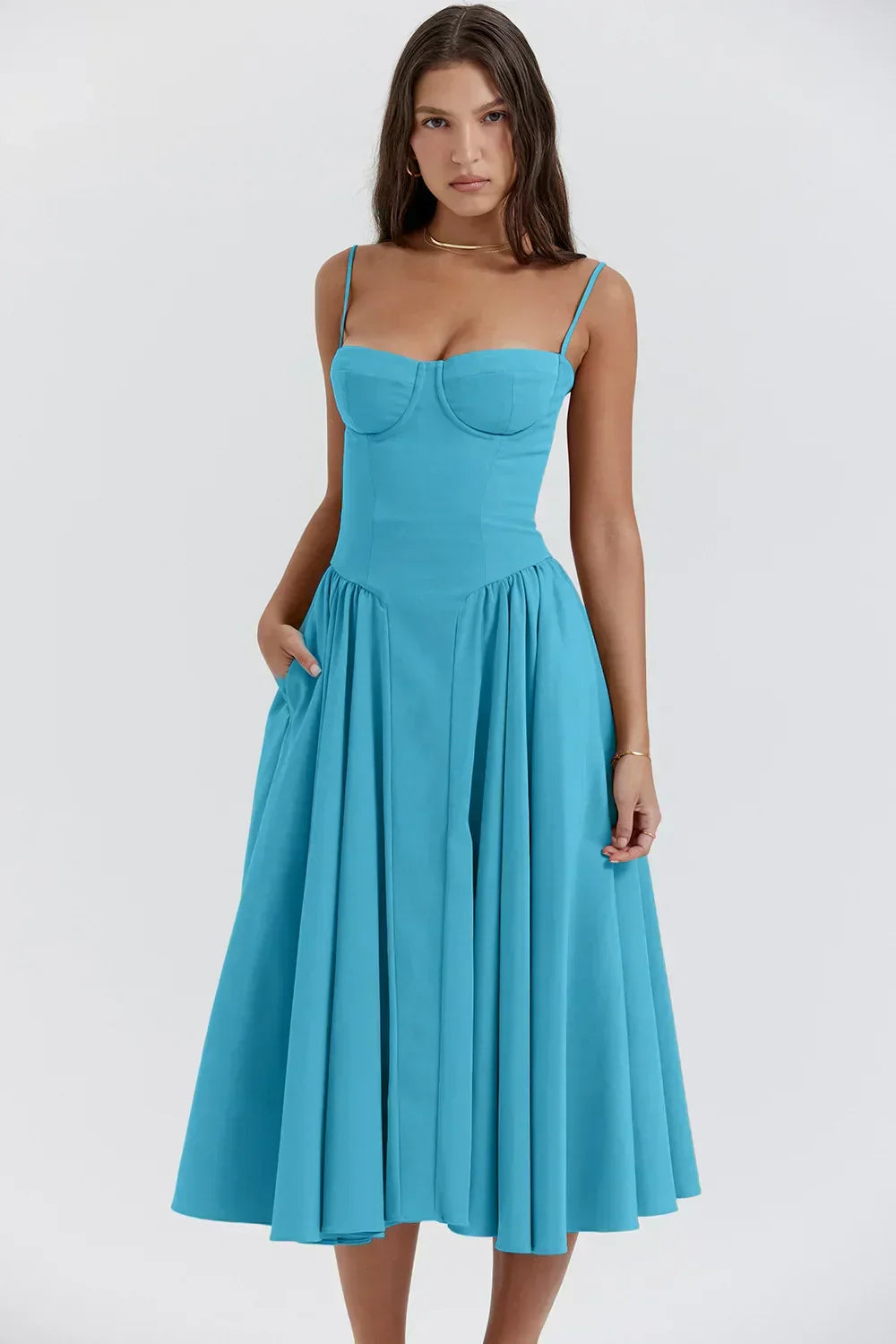 Bustier Sweetheart Spaghetti Strap Drop Waist Fit and Flare Midi Dress