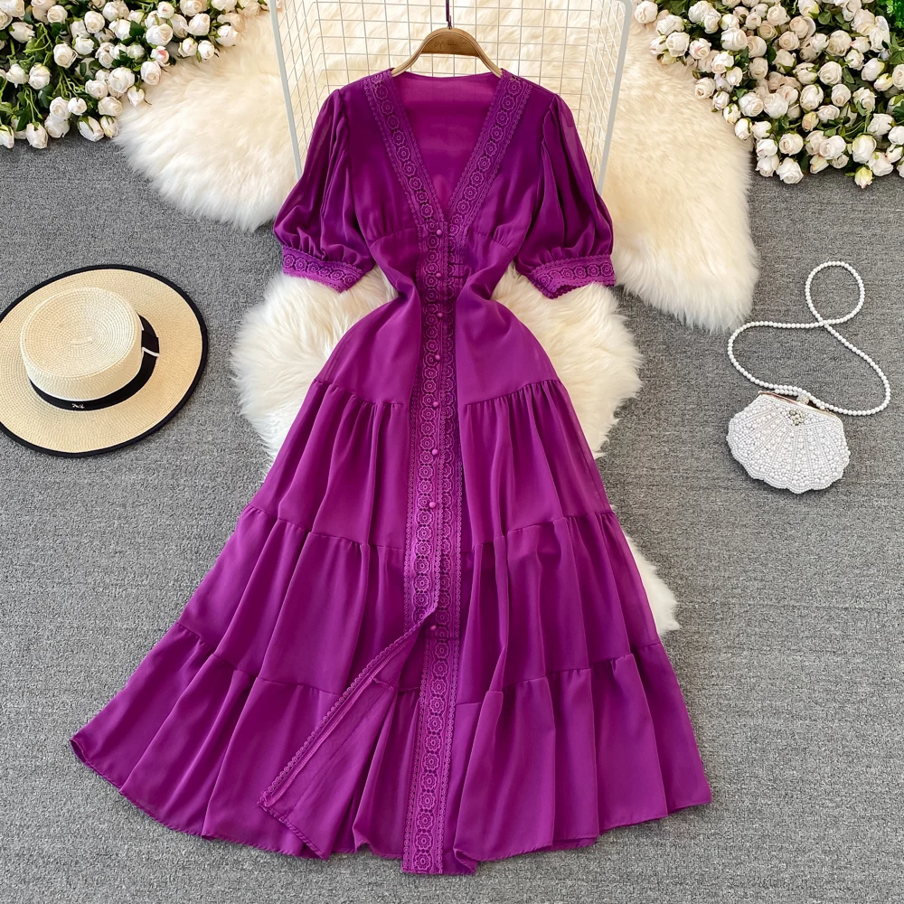 New Women Vintage Party Dress Summer Puff Sleeve Sexy V Neck Lace Single-breasted Long Dresses Ladies A Line Elegant Long Robe 26 New Women Vintage Party Dress Summer Puff Sleeve Sexy V Neck Lace Single-breasted Long Dresses Ladies A Line Elegant Long Robe