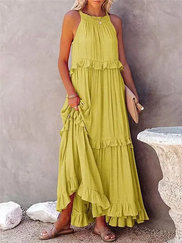 Summer Vacation Style Halter Neck Long Dresses Women Fashion Backless Leace-up Loose Ruffles Beach Dress Elegant Ladies Vestidos 20 Summer Vacation Style Halter Neck Long Dresses Women Fashion Backless Leace-up Loose Ruffles Beach Dress Elegant Ladies Vestidos
