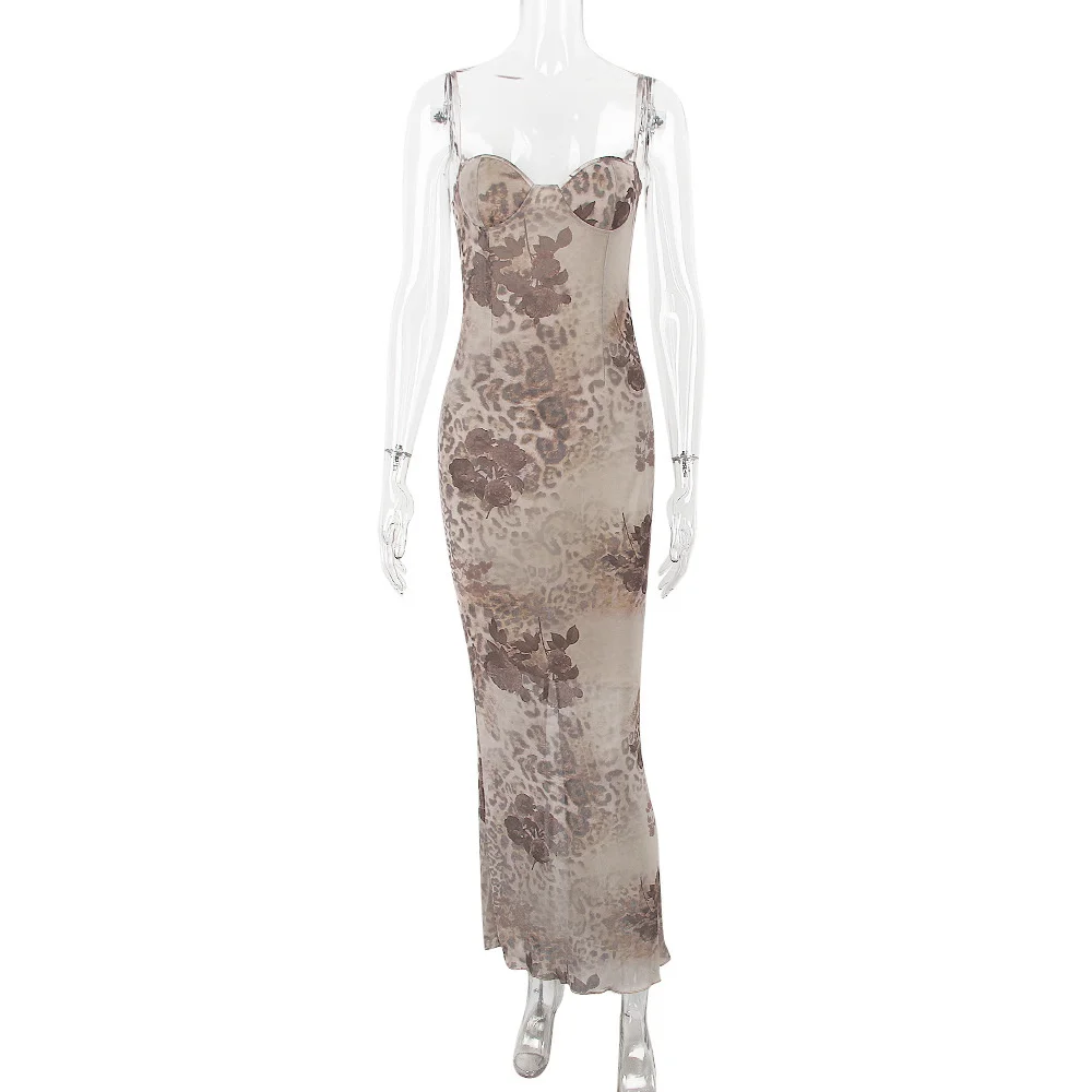 Ootddress Mesh Floral Print Maxi Dress Women Spaghetti Strap Sleeveless Lace-up Split Sundress Ladies Club Party Long Tank Dress