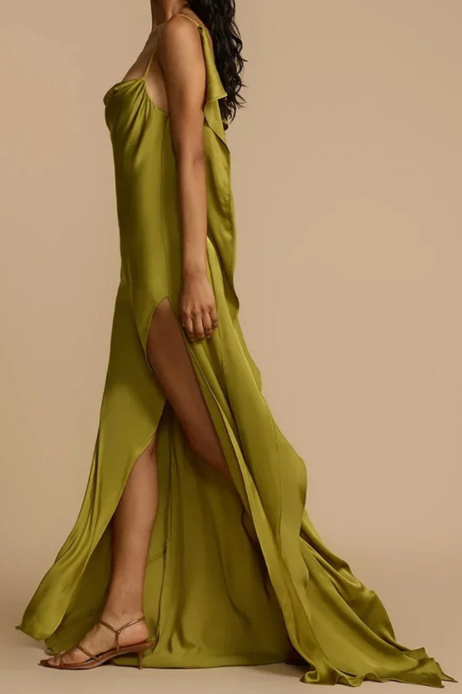 Spaghetti Strap Cowl Neck Thigh Slit Satin Maxi Dress