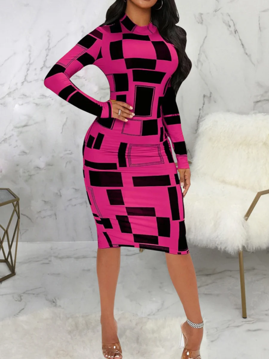 SXY Geometric Print Patchwork Bodycon Dress Mock Neck Body-shaping Long Sleeve Stretchy Women Skinny Streetwear Clothing