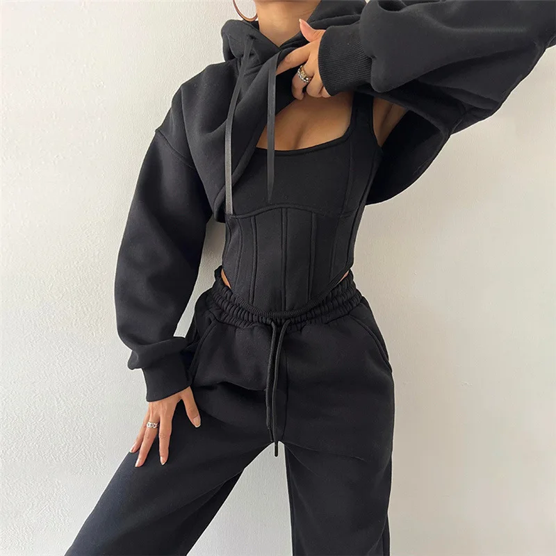 Ootddress Lace Up Pants Sets Women Slim Solid Splice Tank Tops Woman Long Sleeve Short Hoodies And Pant Suits Women Outfits Winter