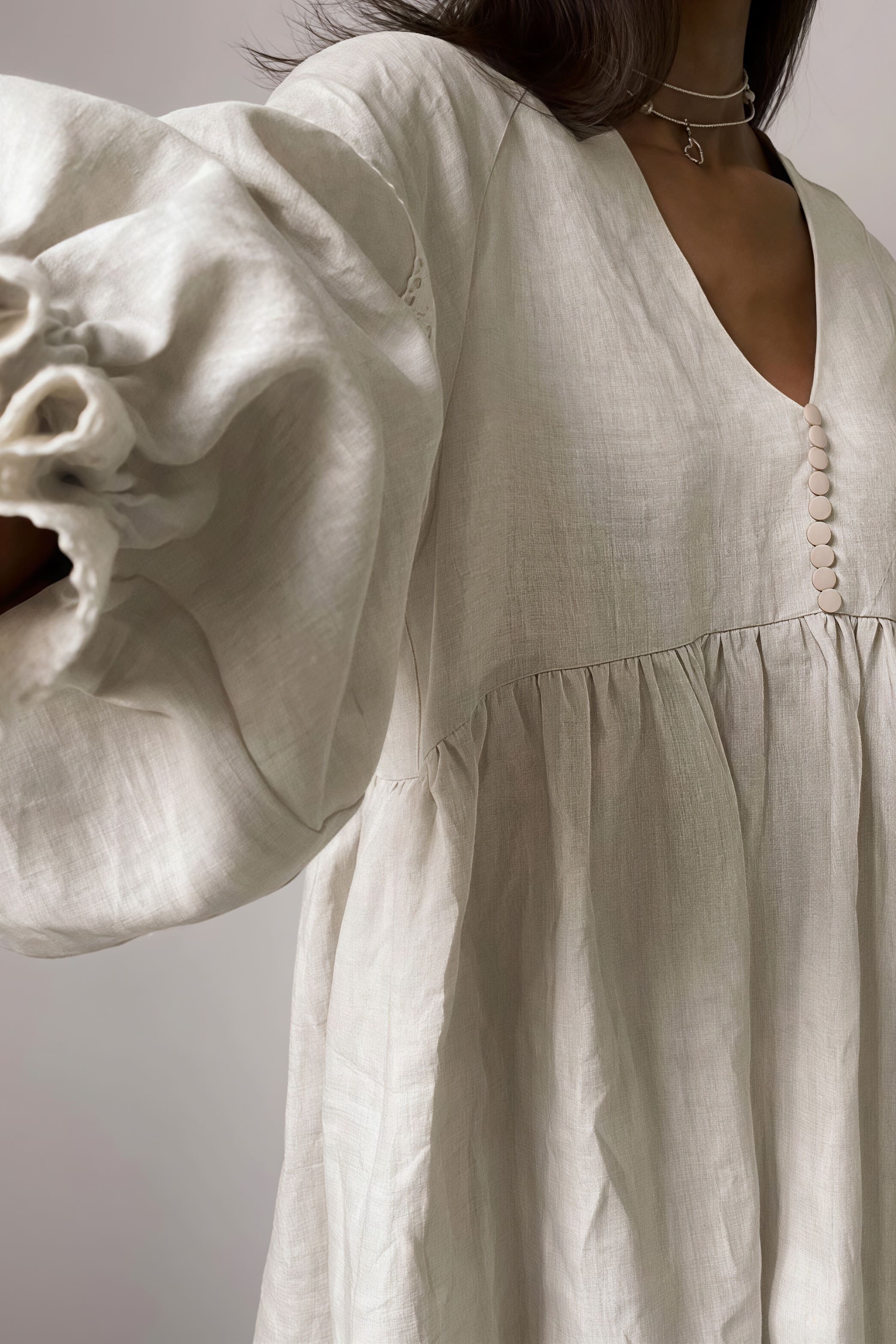 Eyelet Lace Trim Button Front Lantern Sleeve Linen Look Mini Dress