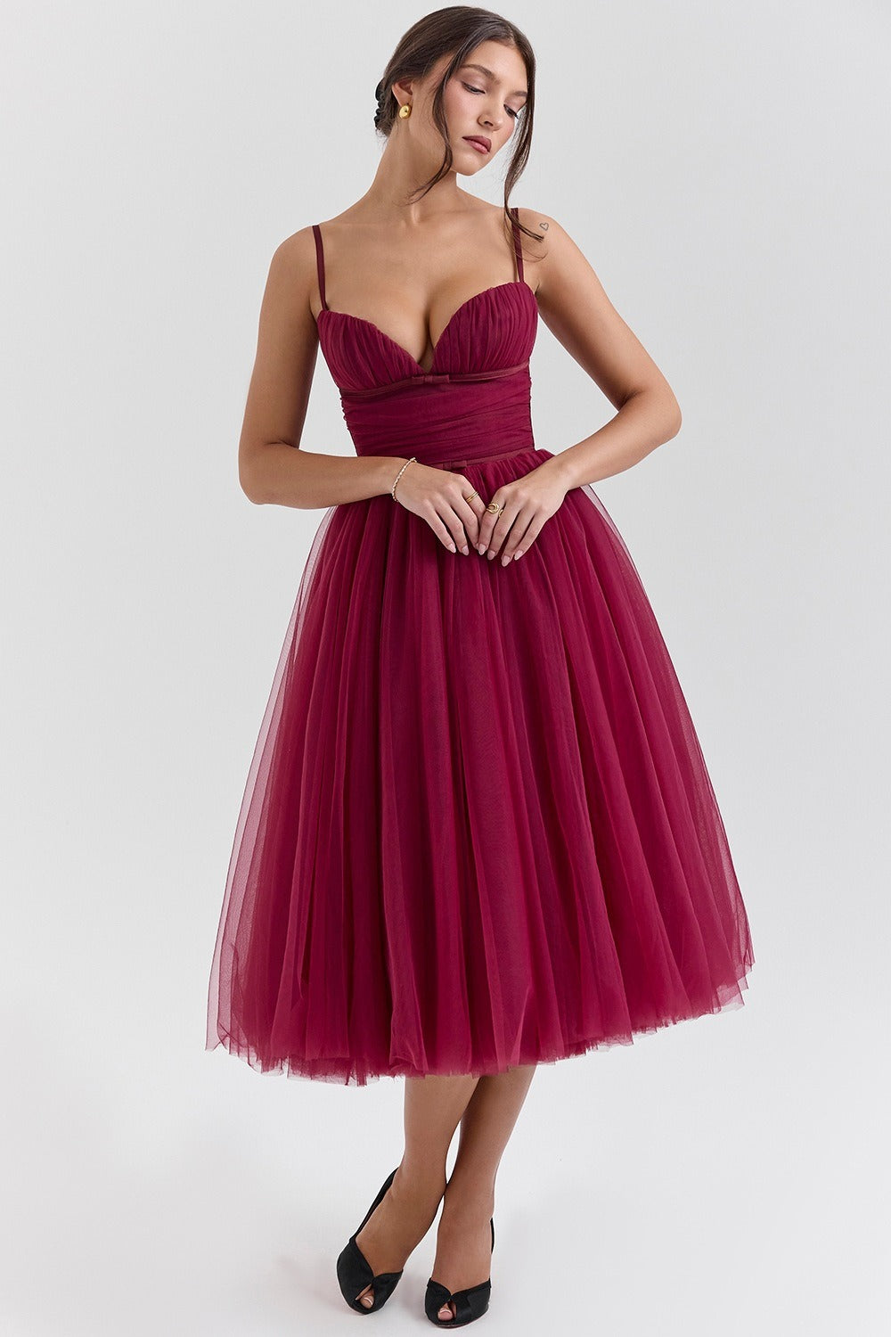Ruched Sweetheart Pleated Bodice Tulle Layered Skirt Spaghetti Strap Midi Dress