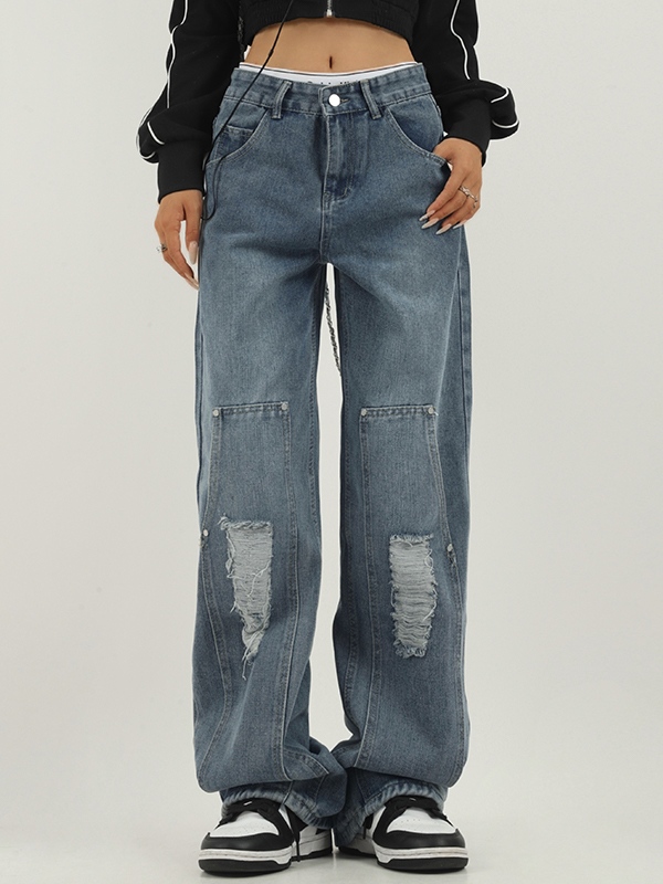 Washed Tattered Dangle Boyfriend Jeans