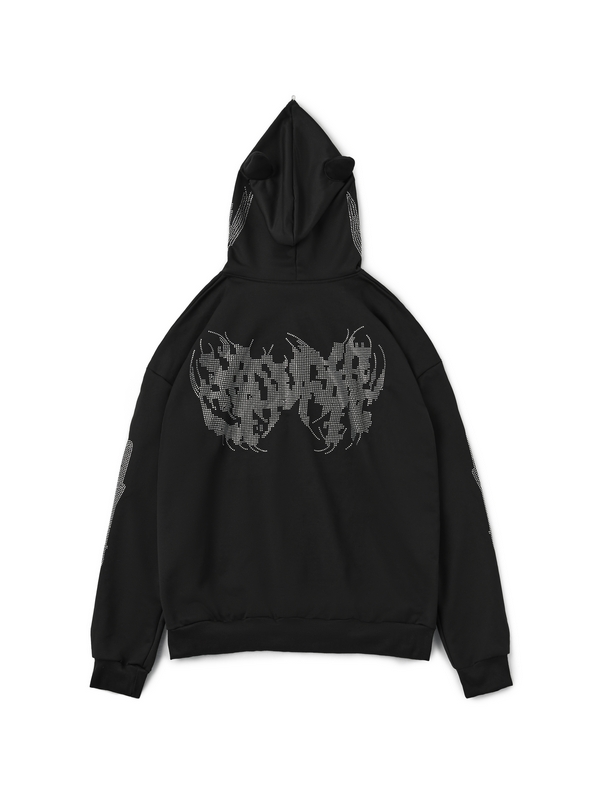 Rhinestone Hooded Loose Zipper Cardigan Hoodie
