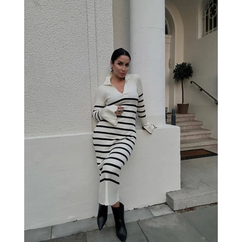 Ootddress Striped V-Neck Knit Maxi Dress For Women Ribbed Patchwork Slim Long Sleeve Elegant Party Dress Loose Knitwear Long Dress