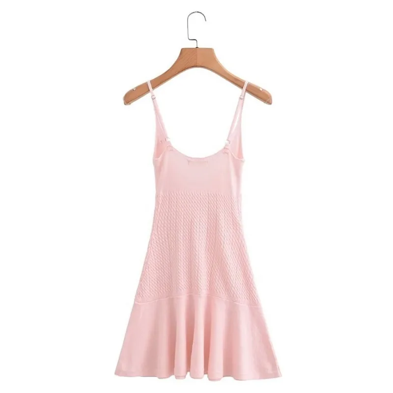 Ootddress Ruffle Knitted Dress For Women Sleeveless V Neck Slim Splice Flower Sundress Ladies Casual Fashion Y2k Solid Dress Woman