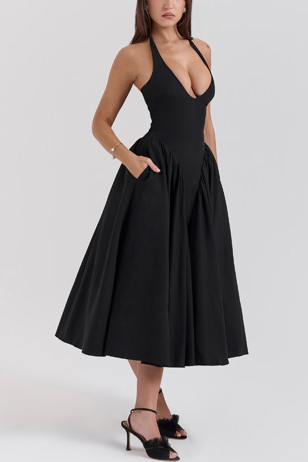Deep V-Neck Halter Pointed Bodice Fit-and-Flare Midi Dress