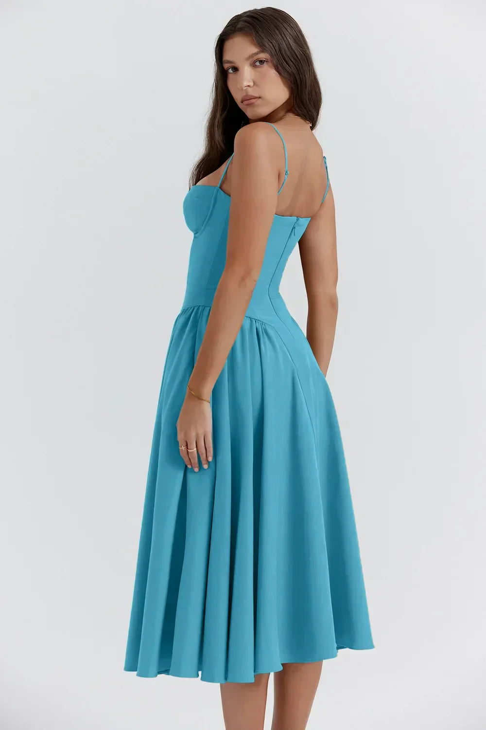Bustier Sweetheart Spaghetti Strap Drop Waist Fit and Flare Midi Dress