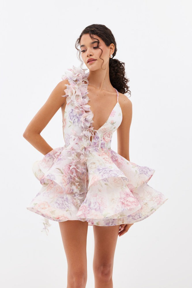 Deep V Neck Asymmetric Ruffle Tiered Oversized Floral Print Mini Dress