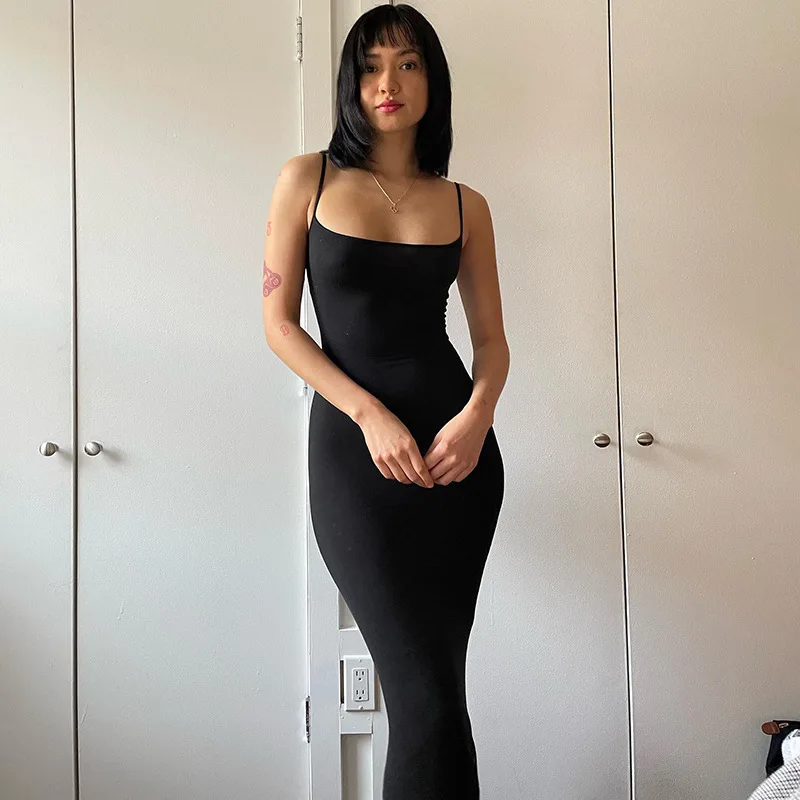 Dresses For Women 2025 Sexy Spaghetti Strap Black Long Dress Evening Y2k Sleeveless Solid Skinny Bodycon Maxi Vestidos
