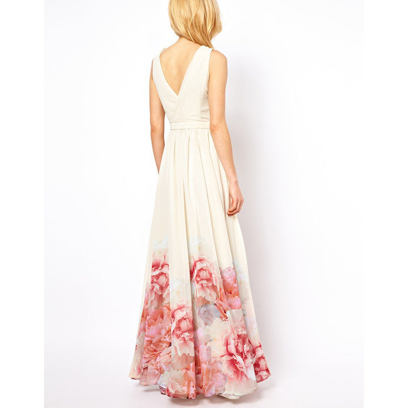 Surplice V-Neck Sleeveless Border Floral Print Pleated Chiffon Maxi Dress