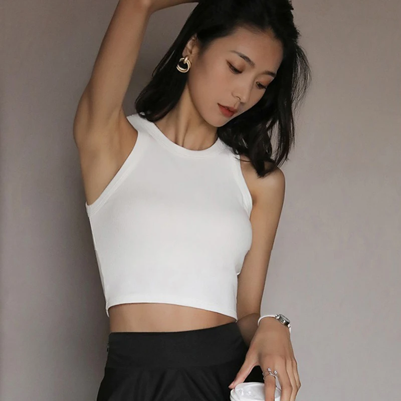 Women Solid O Neck Ribbed Sleeveless Tank Top Camisole Women Summer Basic Elastic Black Crop Top Ladies