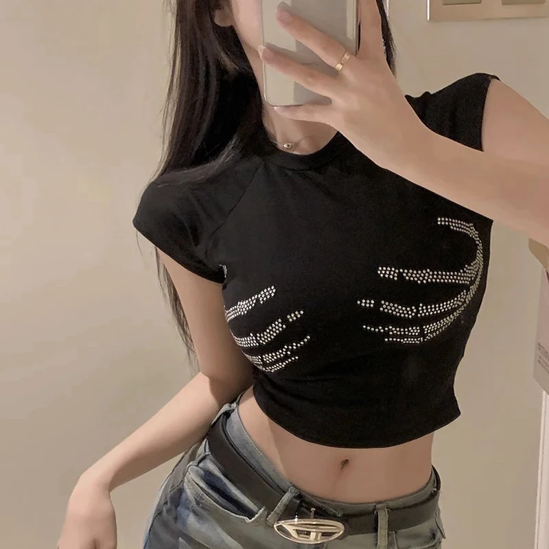 Skull Hand Rhinestones Aesthetic Women Y2k Clothes Vintage Tops Black Fairy Grunge Graphic T Shirts Slim Short Sleeve Crop Top