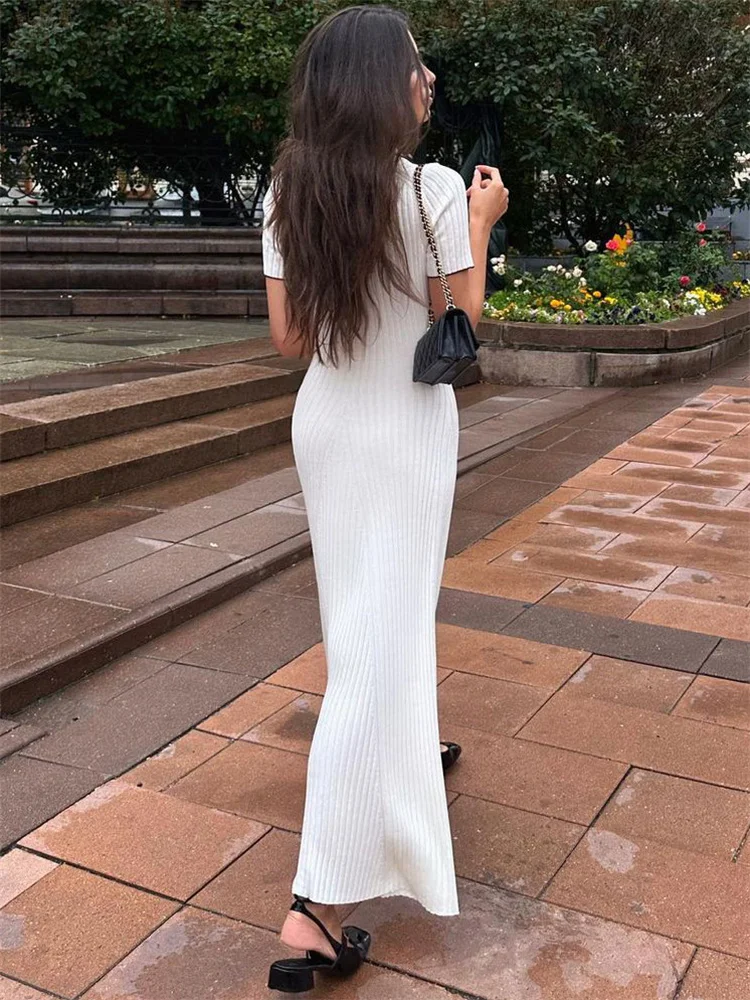 Ootddress Knitted Rib Slim Maxi Dresses For Women High Waist Casual Loose Dress Women's Autumn Elegant Temperament Long Dress Femme