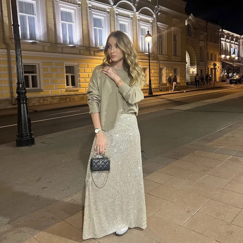 Ootddress Sequins Loose Dress Sets Women Long Sleeve Crop Tops High Waist Sexy Maxi Skirts Ladies Two Piece Suits Womens Outifits