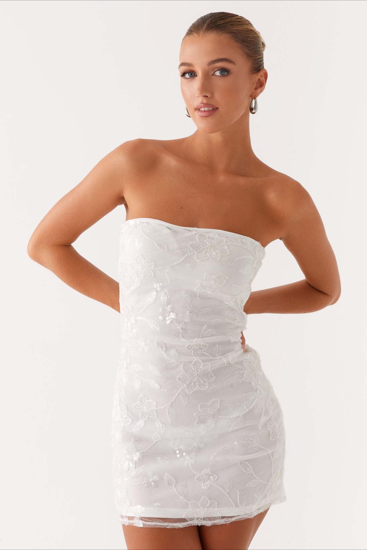 Strapless Sequin Floral Embroidered Mesh Bodycon Mini Dress