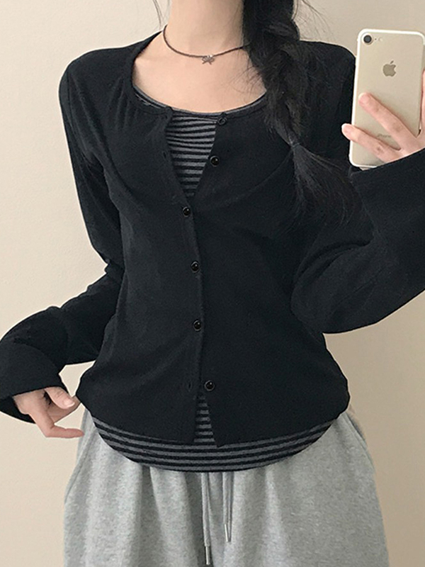 Striped Button Placket Long Sleeve