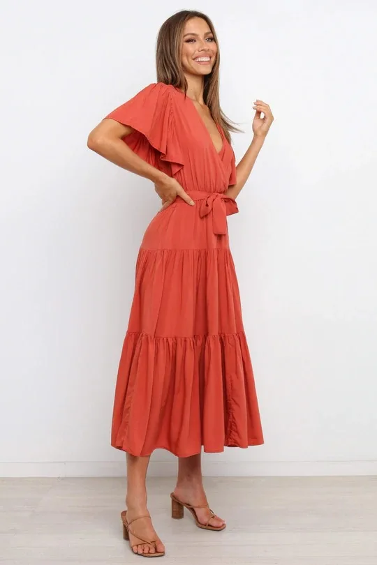 Trendy Solid Color Ruffles Long Dresses Women Sexy V-neck Ruffle Sleeves Leace-up Temperament Elegant Lady Dress 2025 Summer New 15 undefined