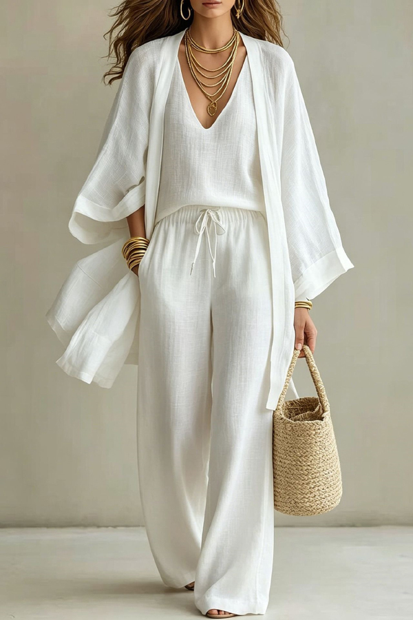 Linen Blend Solid Color Loose Cardigan V-neck Sleeveless Vest and Elastic Waist Pocket Straight Leg Pants Three-piece Set