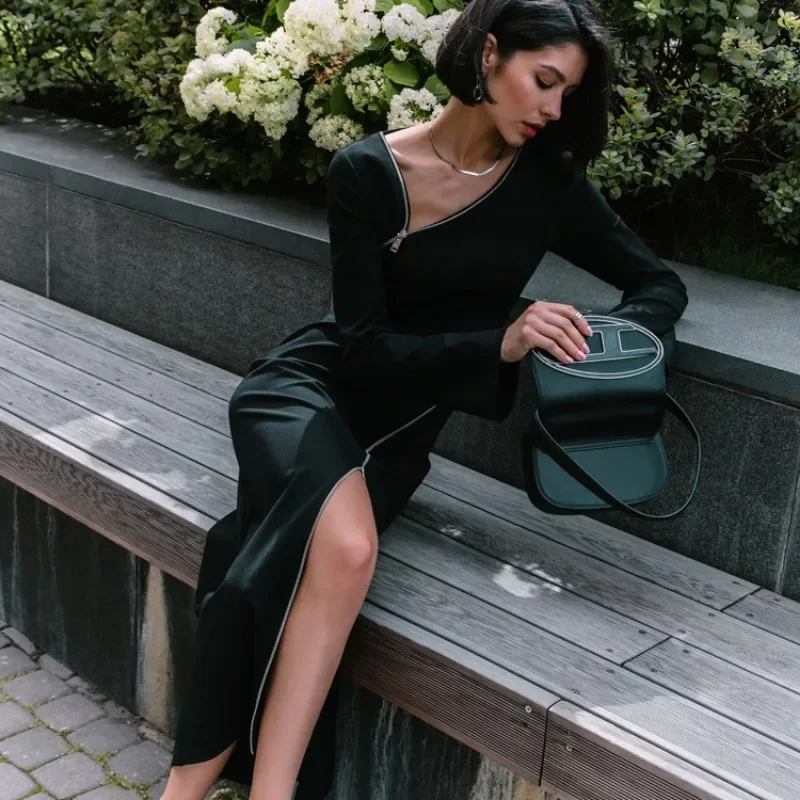Ootddress Zipper Patchwork Black Long Dress Women Off-Shoulder High Waist Elegant Clothes Party Dress Casual Ladies Slim Maxi Dress