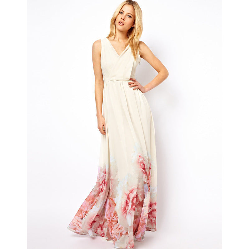 Surplice V-Neck Sleeveless Border Floral Print Pleated Chiffon Maxi Dress