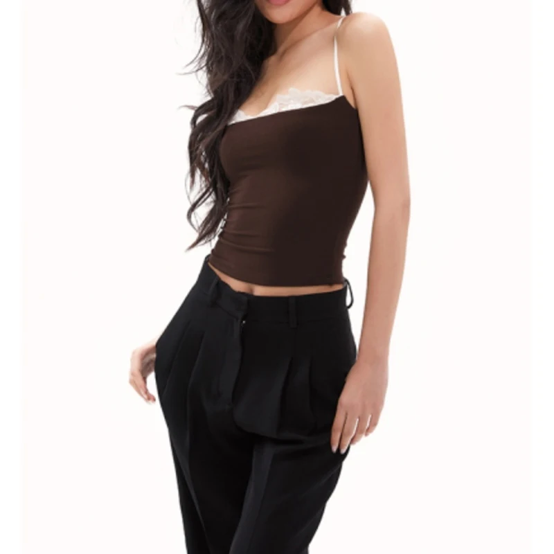 Black Lace Patchwork Sling Tops Women Elasti Crop Top Summer Backless Sleeveless Tank Top Y2K Clothes Girls Cute Camisole Vest