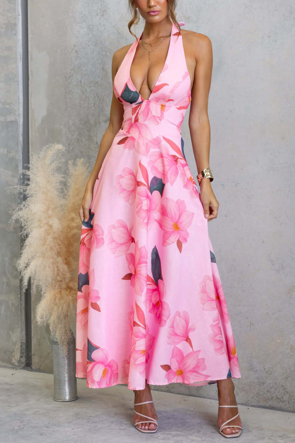 Floral Print V-neck Backless Tie-up Fitted Waist Elegant Maxi Dress