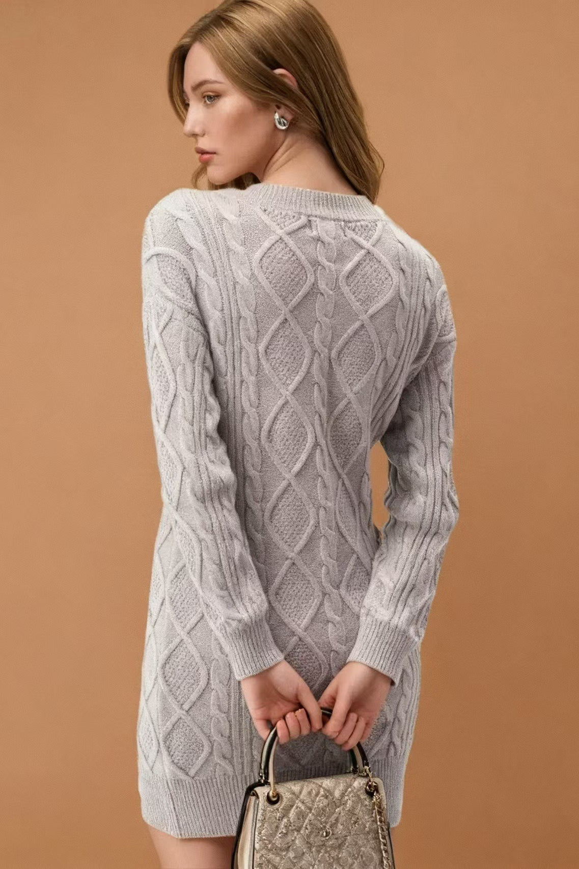 Cable Knit Diamond Pattern V-Neck Long Sleeve Sweater Mini Dress