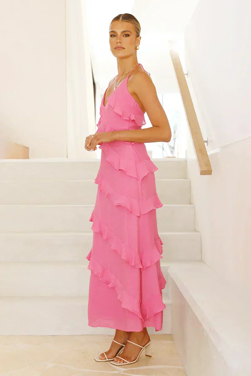 Halter Neck Deep V-Neck Tiered Ruffle Chiffon Maxi Dress