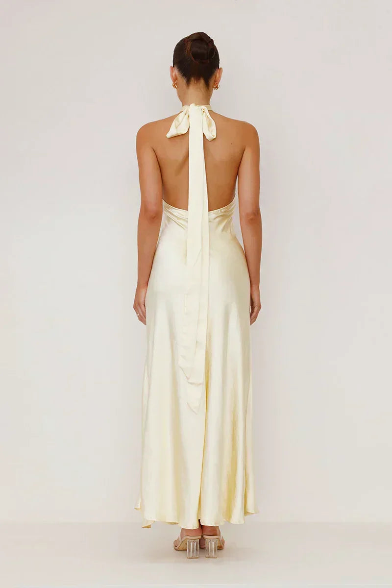 Satin Halter Neck Keyhole Cutout Wrap High Split Backless Maxi Gown