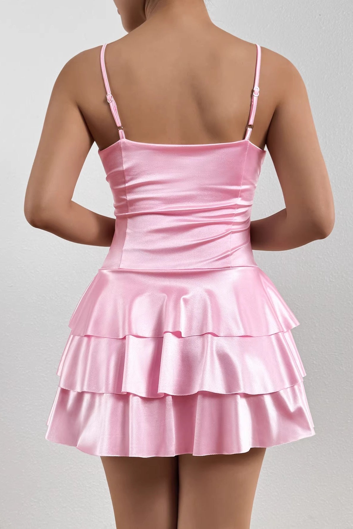 Spaghetti Strap Notched V-Neck Ruched Tiered Flounce Satin Mini Dress
