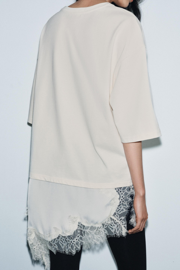 Stylish Round Neck Short-sleeved Patchwork Lace Hem Loose T-shirt