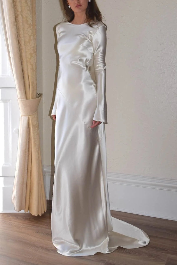 Satin Cowl Back Bell Sleeve Bias Cut Floor Length Gown