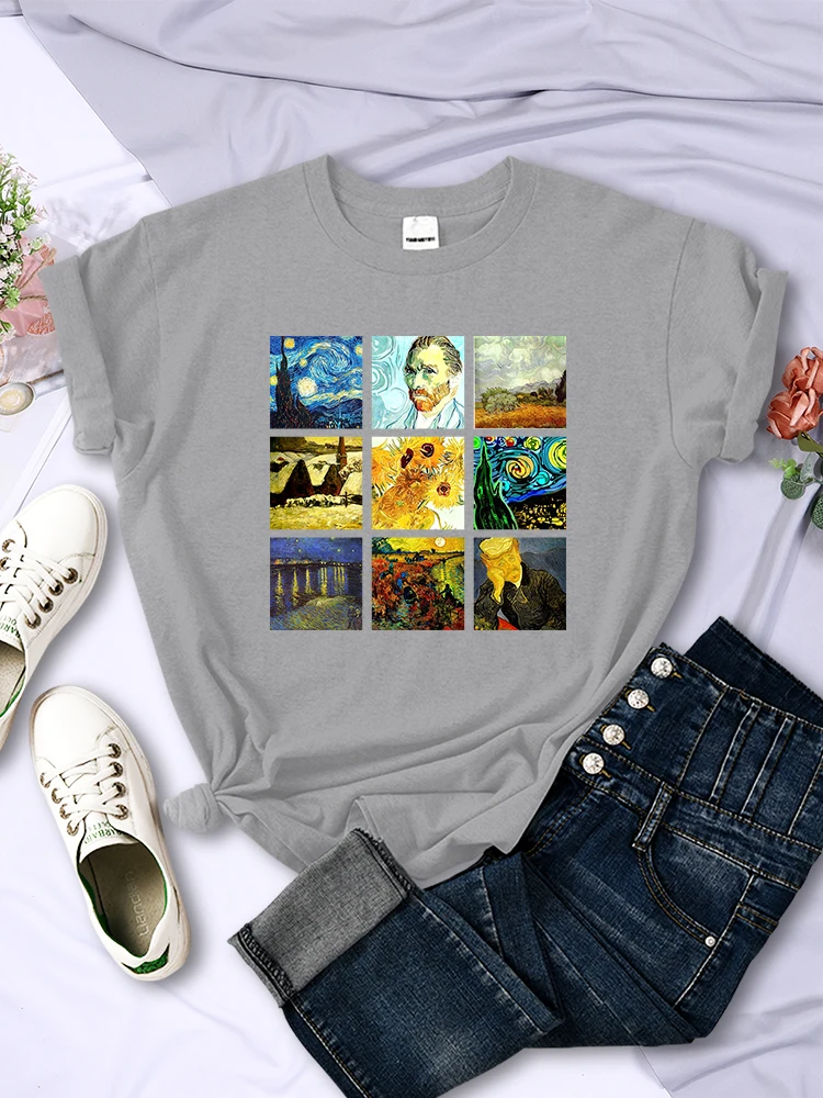 Van Gogh Works Sanskrit Printed Female Tops Breathable Casual T Shirts Fashion Summer Short Sleeve Women Crewneck Street Tshirt