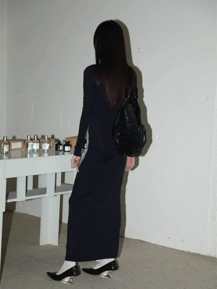 Optical Illusion Body Print Scoop Neck Long Sleeve Maxi Dress