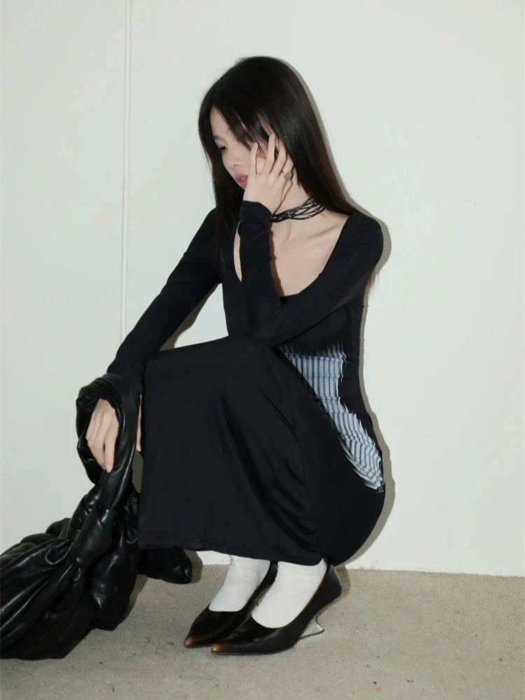 Optical Illusion Body Print Scoop Neck Long Sleeve Maxi Dress