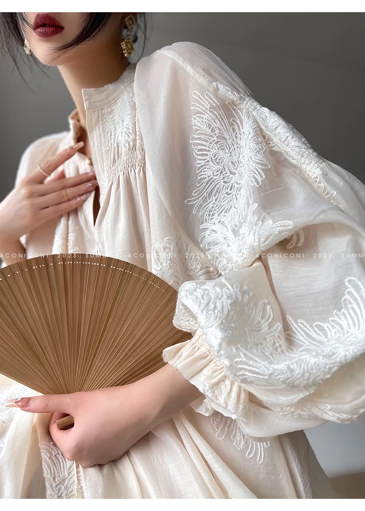 Spring Women Embroidery Evening Party Dresses Elegant Lantern Sleeve Vintage Casual A-Line Dress Female Fashion Vestidos Robe