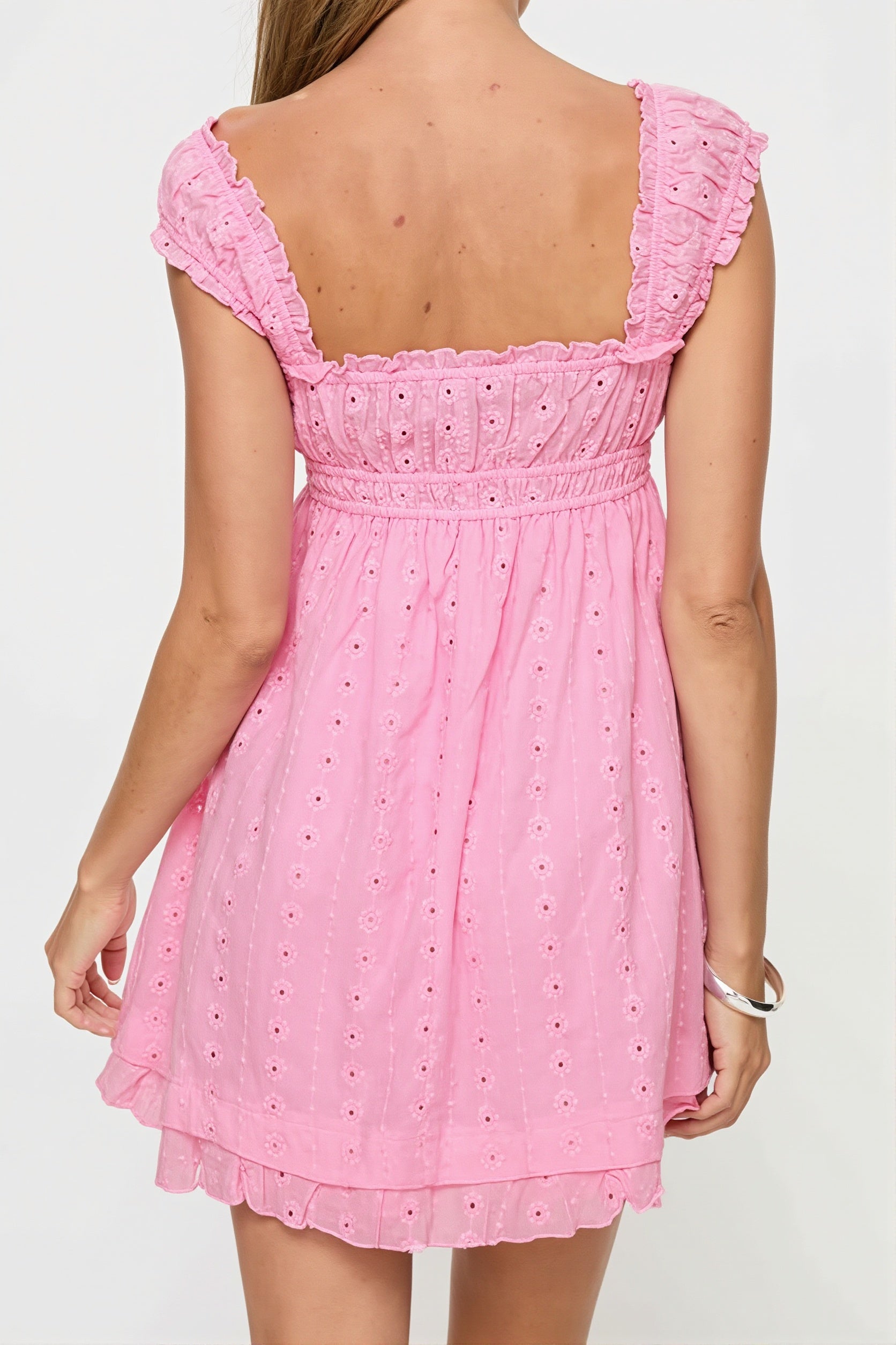 Square Neck Ruffle Strap Eyelet Embroidered Empire Waist Mini Dress